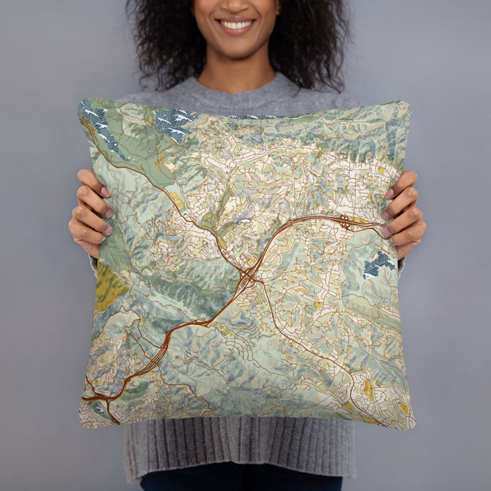 Person holding 18x18 Custom Orinda California Map Throw Pillow in Woodblock