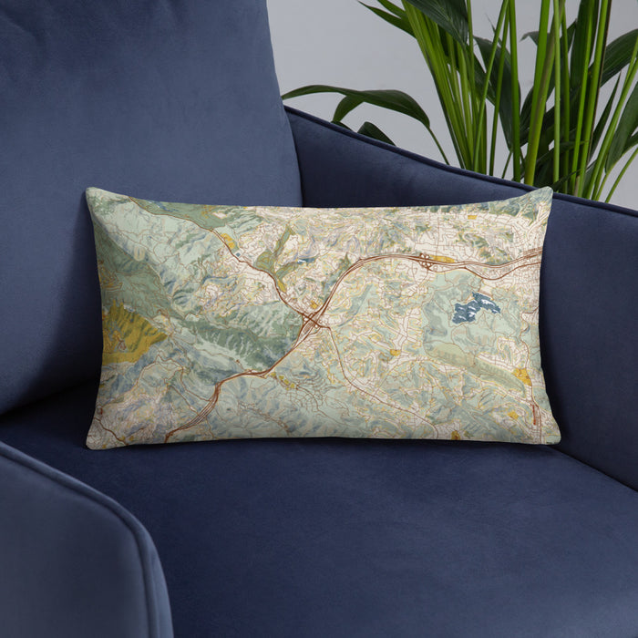 Custom Orinda California Map Throw Pillow in Woodblock on Blue Colored Chair