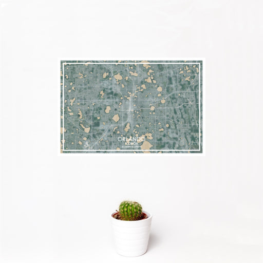 12x18 Orlando Florida Map Print Landscape Orientation in Afternoon Style With Small Cactus Plant in White Planter