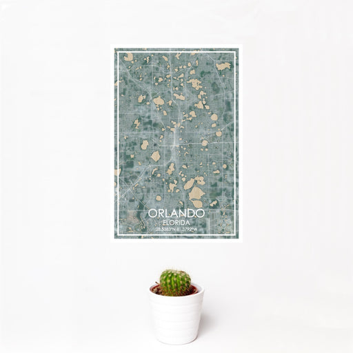 12x18 Orlando Florida Map Print Portrait Orientation in Afternoon Style With Small Cactus Plant in White Planter