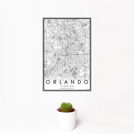 12x18 Orlando Florida Map Print Portrait Orientation in Classic Style With Small Cactus Plant in White Planter