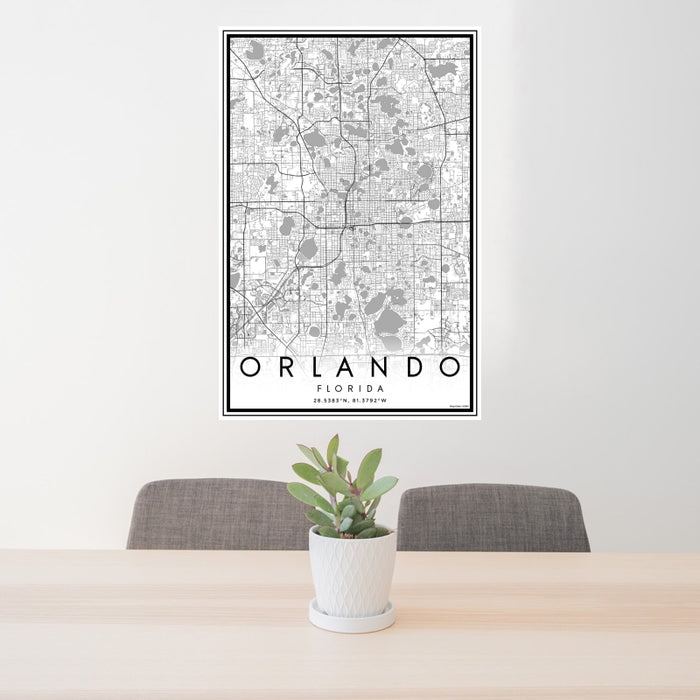 24x36 Orlando Florida Map Print Portrait Orientation in Classic Style Behind 2 Chairs Table and Potted Plant