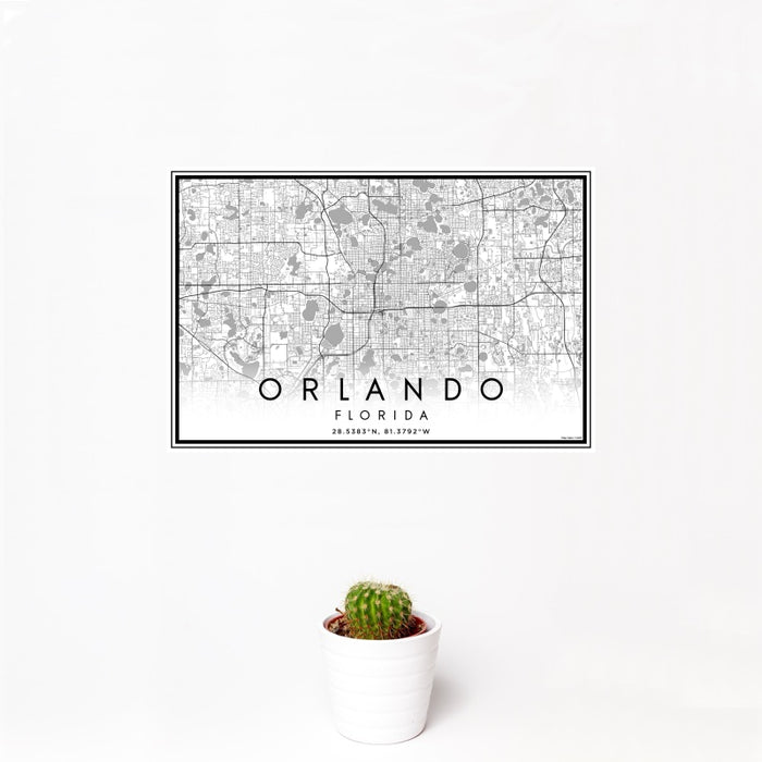 12x18 Orlando Florida Map Print Landscape Orientation in Classic Style With Small Cactus Plant in White Planter