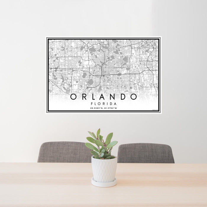 24x36 Orlando Florida Map Print Landscape Orientation in Classic Style Behind 2 Chairs Table and Potted Plant