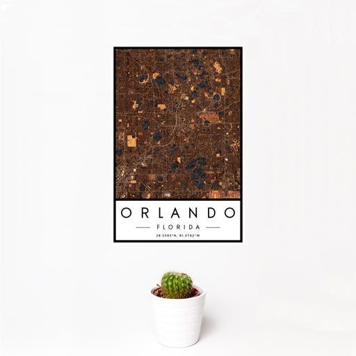 12x18 Orlando Florida Map Print Portrait Orientation in Ember Style With Small Cactus Plant in White Planter