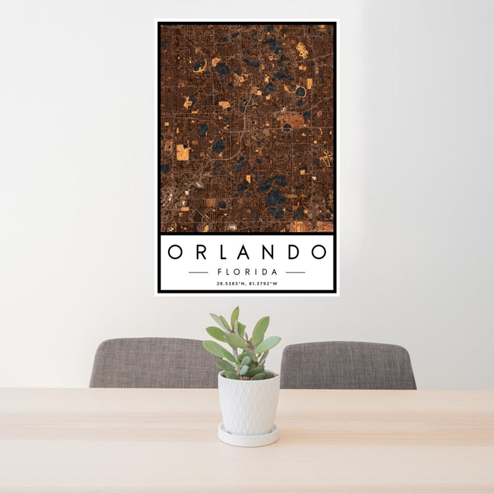 24x36 Orlando Florida Map Print Portrait Orientation in Ember Style Behind 2 Chairs Table and Potted Plant