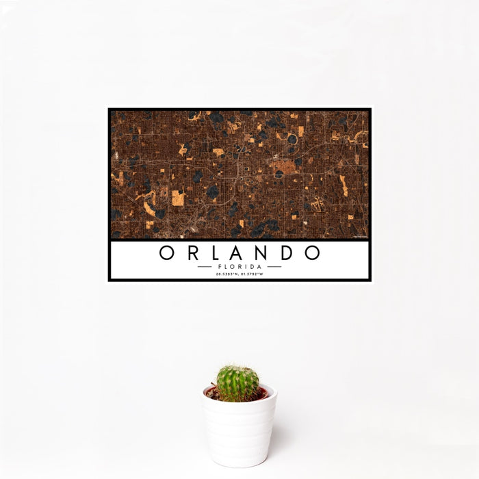 12x18 Orlando Florida Map Print Landscape Orientation in Ember Style With Small Cactus Plant in White Planter