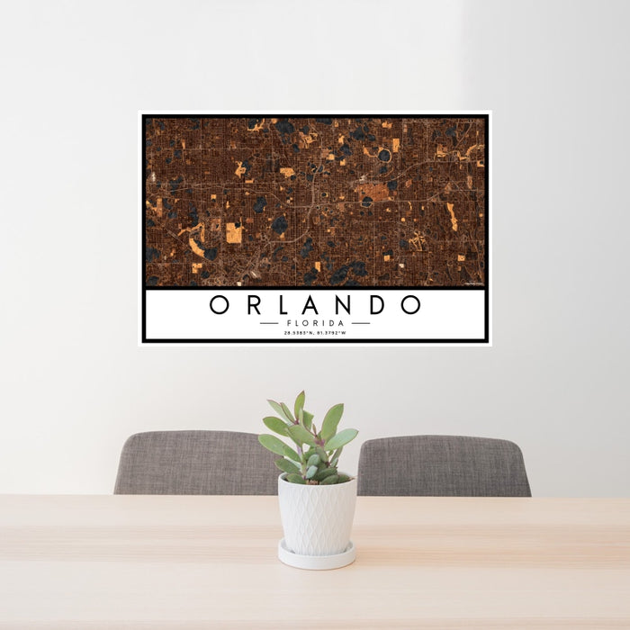 24x36 Orlando Florida Map Print Landscape Orientation in Ember Style Behind 2 Chairs Table and Potted Plant