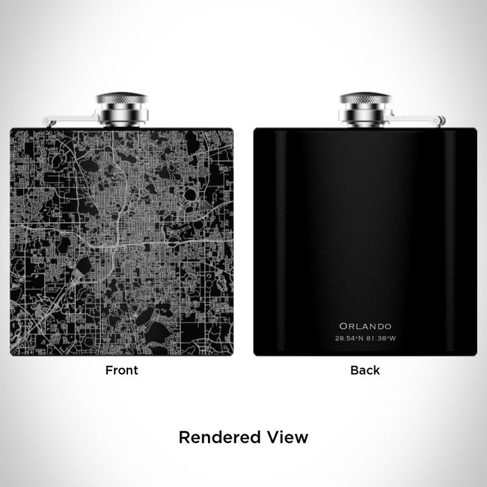 Rendered View of Orlando Florida Map Engraving on 6oz Stainless Steel Flask in Black