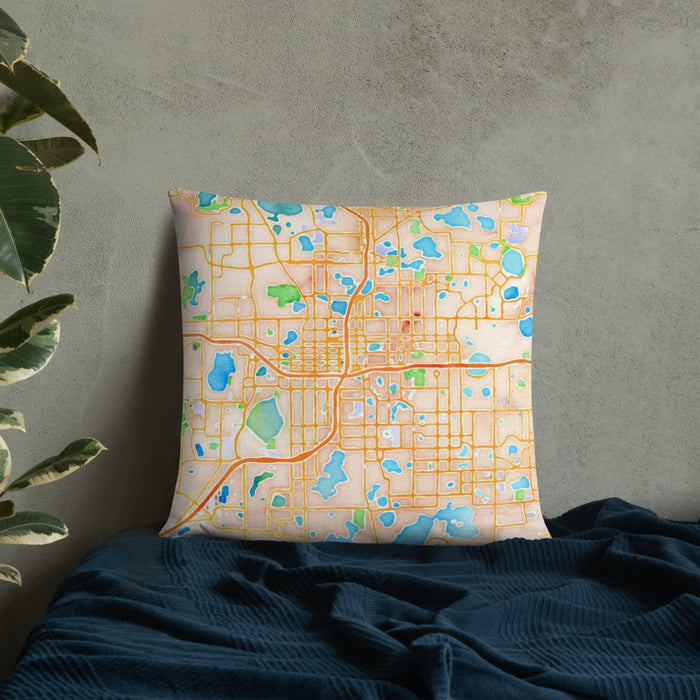 Custom Orlando Florida Map Throw Pillow in Watercolor on Bedding Against Wall