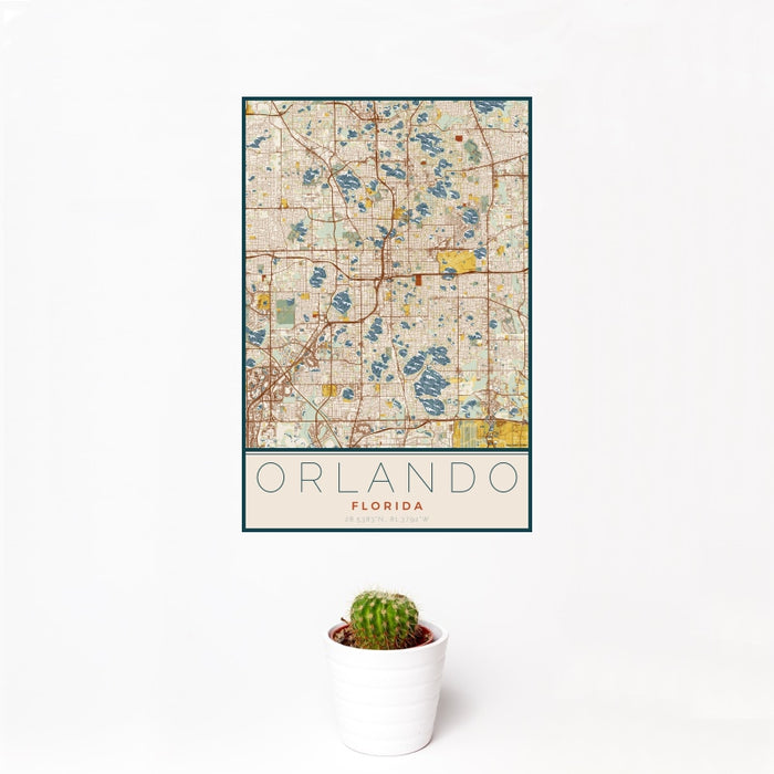 12x18 Orlando Florida Map Print Portrait Orientation in Woodblock Style With Small Cactus Plant in White Planter