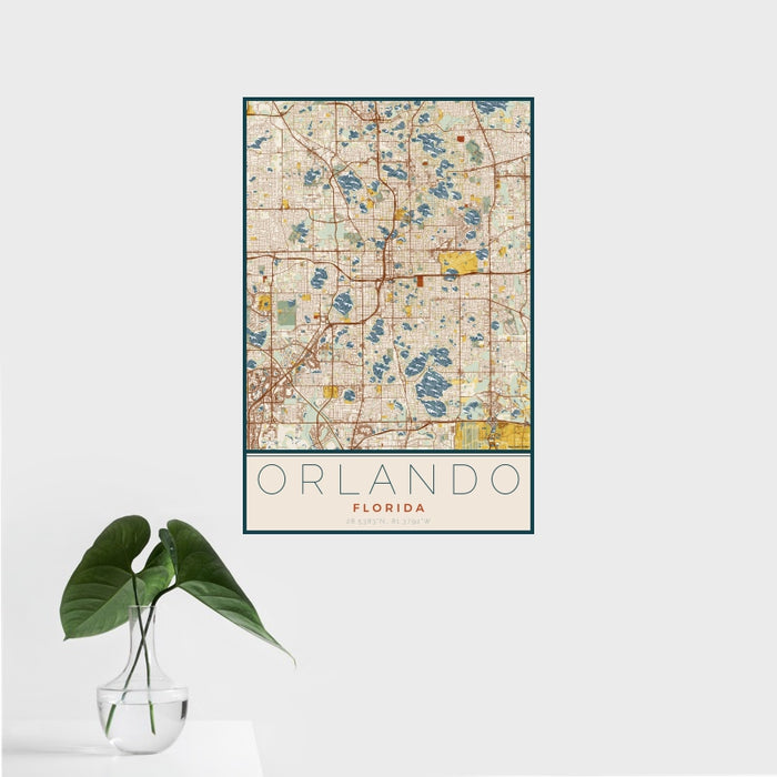 16x24 Orlando Florida Map Print Portrait Orientation in Woodblock Style With Tropical Plant Leaves in Water