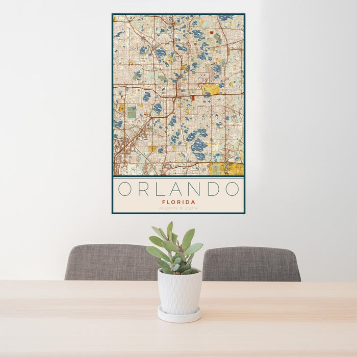 24x36 Orlando Florida Map Print Portrait Orientation in Woodblock Style Behind 2 Chairs Table and Potted Plant