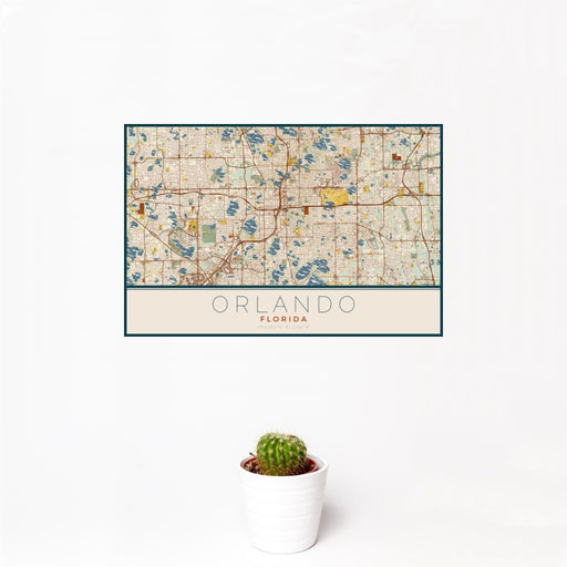 12x18 Orlando Florida Map Print Landscape Orientation in Woodblock Style With Small Cactus Plant in White Planter