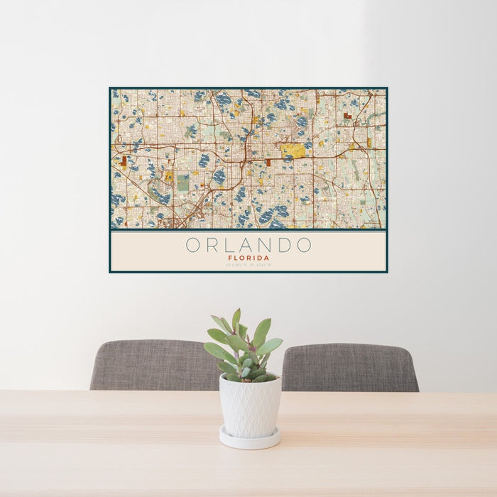 24x36 Orlando Florida Map Print Landscape Orientation in Woodblock Style Behind 2 Chairs Table and Potted Plant