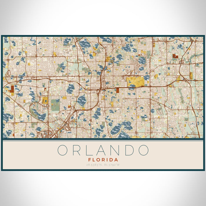 Orlando Florida Map Print Landscape Orientation in Woodblock Style With Shaded Background