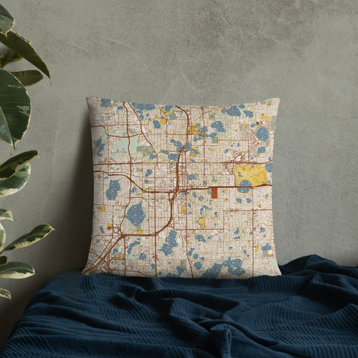 Custom Orlando Florida Map Throw Pillow in Woodblock on Bedding Against Wall
