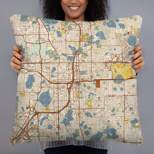 Person holding 22x22 Custom Orlando Florida Map Throw Pillow in Woodblock