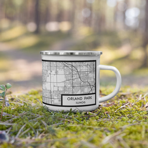 Right View Custom Orland Park Illinois Map Enamel Mug in Classic on Grass With Trees in Background