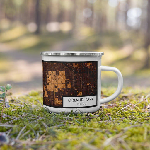 Right View Custom Orland Park Illinois Map Enamel Mug in Ember on Grass With Trees in Background