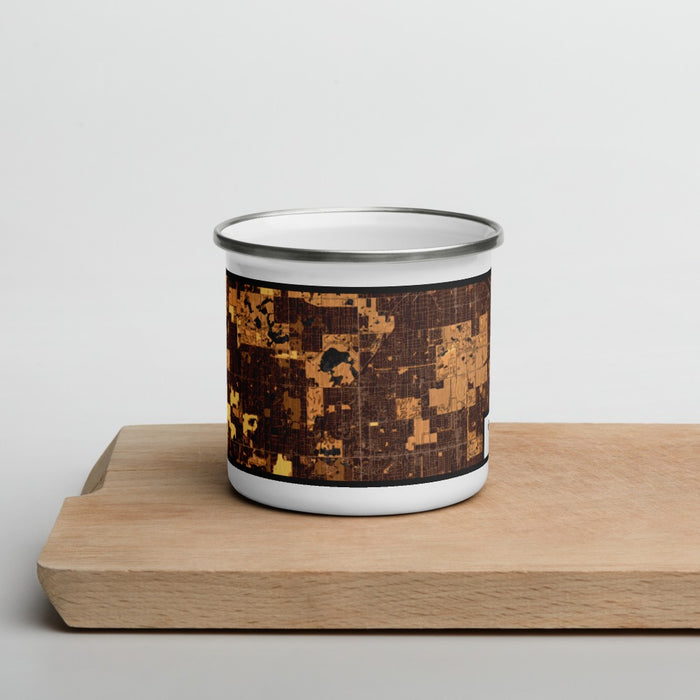 Front View Custom Orland Park Illinois Map Enamel Mug in Ember on Cutting Board