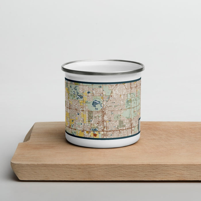 Front View Custom Orland Park Illinois Map Enamel Mug in Woodblock on Cutting Board