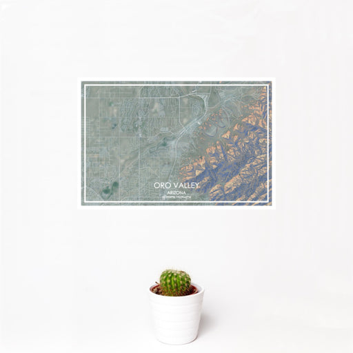 12x18 Oro Valley Arizona Map Print Landscape Orientation in Afternoon Style With Small Cactus Plant in White Planter