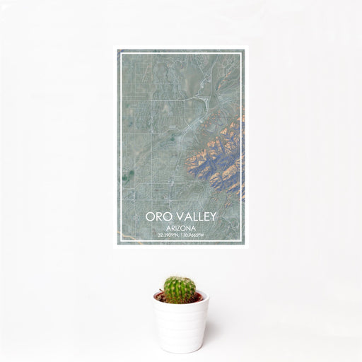 12x18 Oro Valley Arizona Map Print Portrait Orientation in Afternoon Style With Small Cactus Plant in White Planter