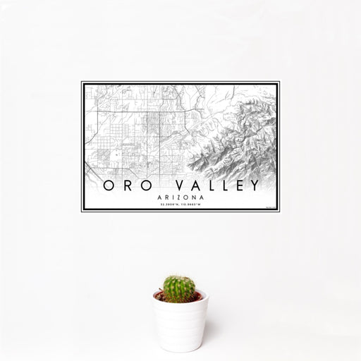 12x18 Oro Valley Arizona Map Print Landscape Orientation in Classic Style With Small Cactus Plant in White Planter