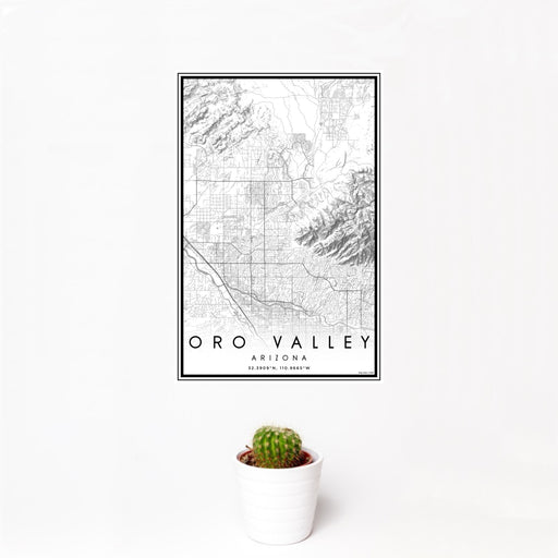 12x18 Oro Valley Arizona Map Print Portrait Orientation in Classic Style With Small Cactus Plant in White Planter