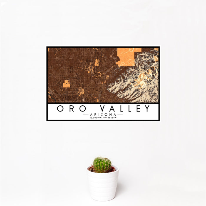 12x18 Oro Valley Arizona Map Print Landscape Orientation in Ember Style With Small Cactus Plant in White Planter