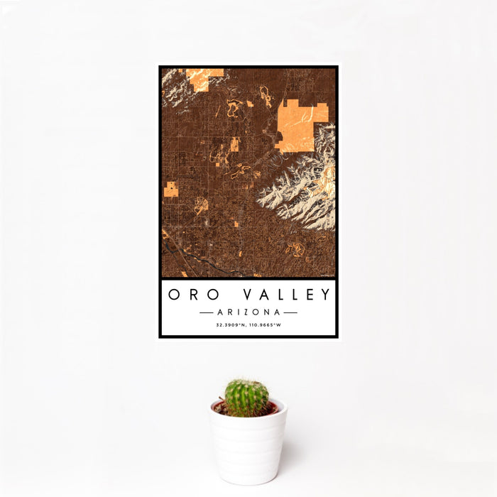 12x18 Oro Valley Arizona Map Print Portrait Orientation in Ember Style With Small Cactus Plant in White Planter