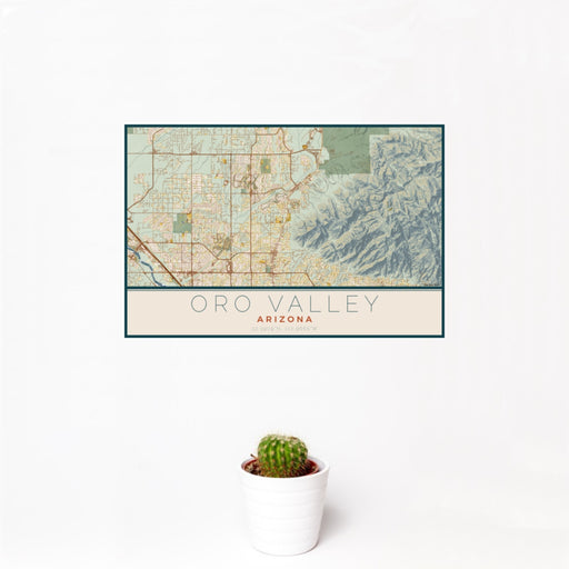 12x18 Oro Valley Arizona Map Print Landscape Orientation in Woodblock Style With Small Cactus Plant in White Planter