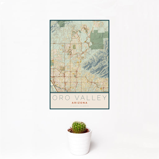 12x18 Oro Valley Arizona Map Print Portrait Orientation in Woodblock Style With Small Cactus Plant in White Planter