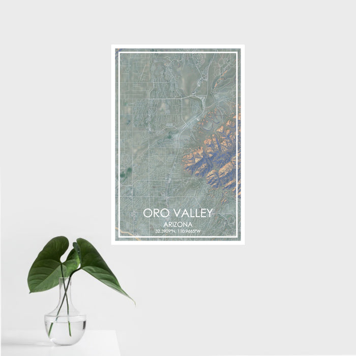 16x24 Oro Valley Arizona Map Print Portrait Orientation in Afternoon Style With Tropical Plant Leaves in Water