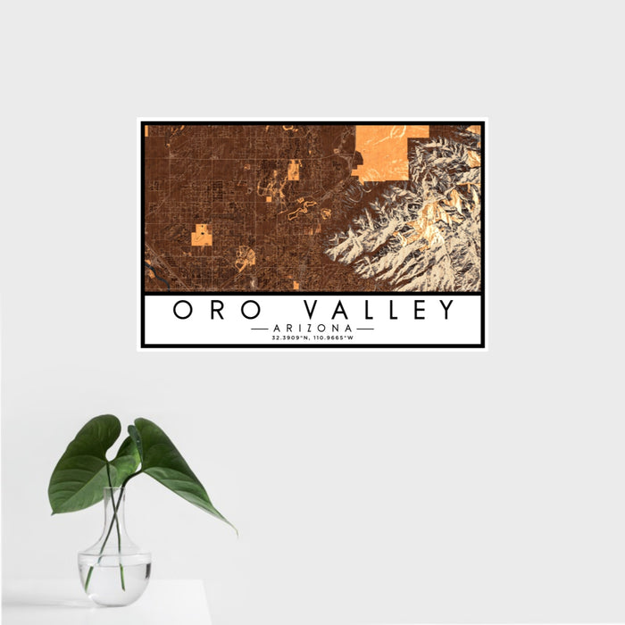 16x24 Oro Valley Arizona Map Print Landscape Orientation in Ember Style With Tropical Plant Leaves in Water