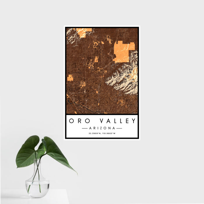16x24 Oro Valley Arizona Map Print Portrait Orientation in Ember Style With Tropical Plant Leaves in Water