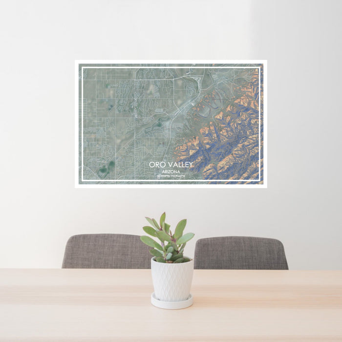 24x36 Oro Valley Arizona Map Print Lanscape Orientation in Afternoon Style Behind 2 Chairs Table and Potted Plant