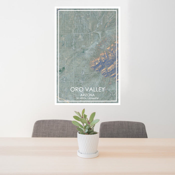 24x36 Oro Valley Arizona Map Print Portrait Orientation in Afternoon Style Behind 2 Chairs Table and Potted Plant