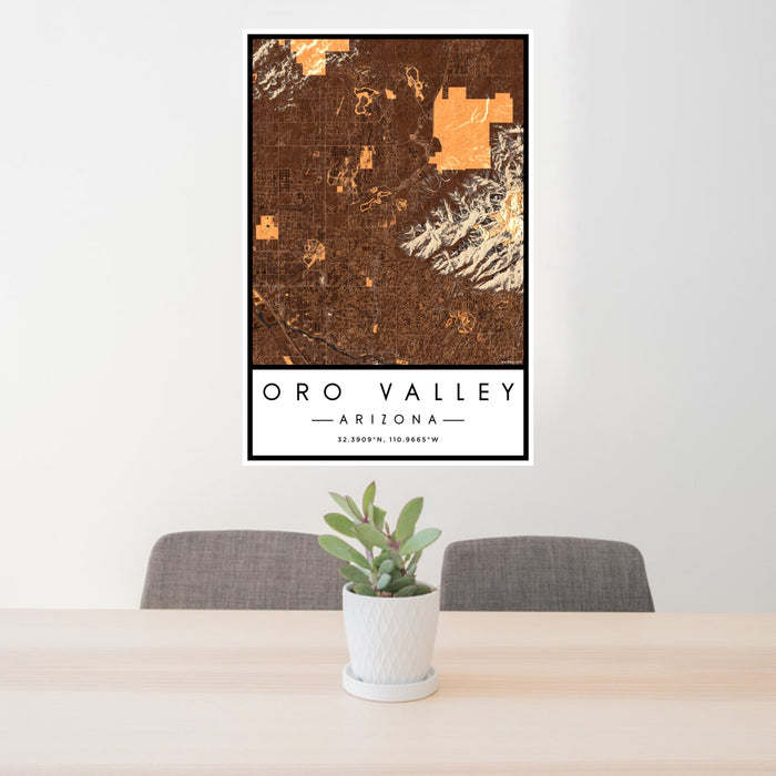 24x36 Oro Valley Arizona Map Print Portrait Orientation in Ember Style Behind 2 Chairs Table and Potted Plant