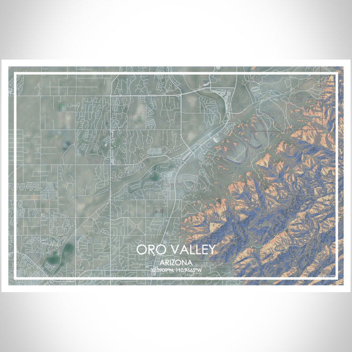 Oro Valley Arizona Map Print Landscape Orientation in Afternoon Style With Shaded Background
