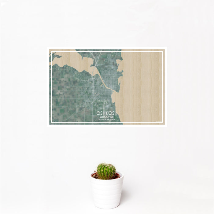 12x18 Oshkosh Wisconsin Map Print Landscape Orientation in Afternoon Style With Small Cactus Plant in White Planter