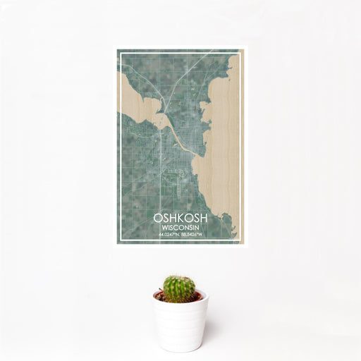 12x18 Oshkosh Wisconsin Map Print Portrait Orientation in Afternoon Style With Small Cactus Plant in White Planter