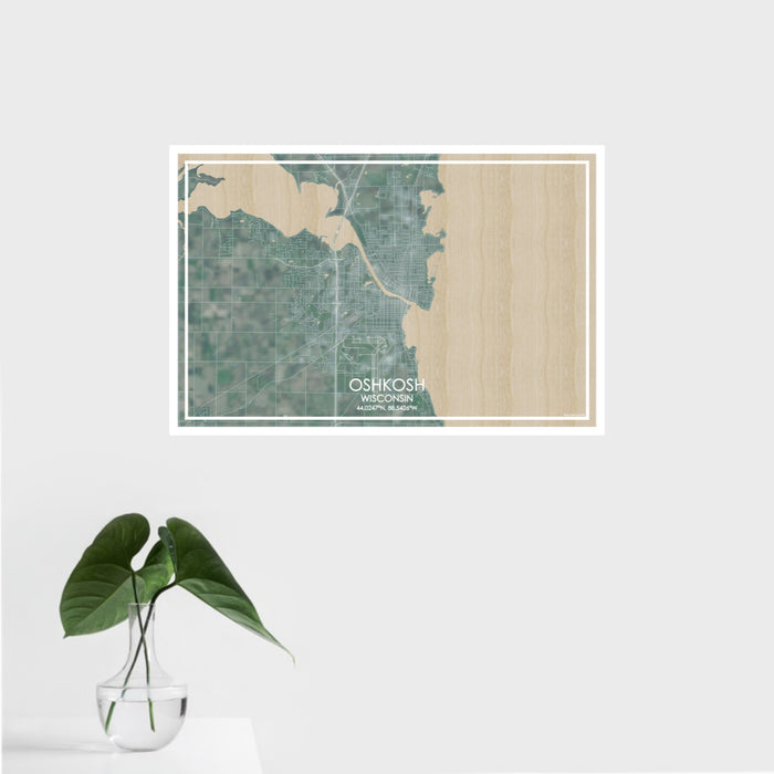 16x24 Oshkosh Wisconsin Map Print Landscape Orientation in Afternoon Style With Tropical Plant Leaves in Water