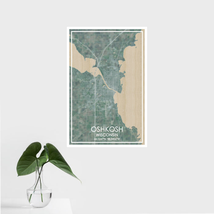 16x24 Oshkosh Wisconsin Map Print Portrait Orientation in Afternoon Style With Tropical Plant Leaves in Water