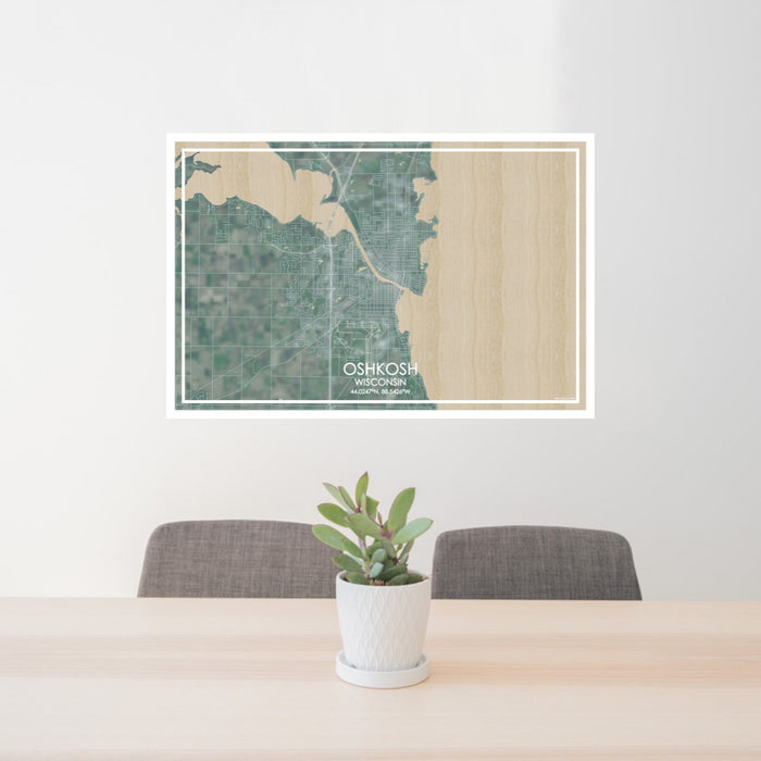 24x36 Oshkosh Wisconsin Map Print Lanscape Orientation in Afternoon Style Behind 2 Chairs Table and Potted Plant