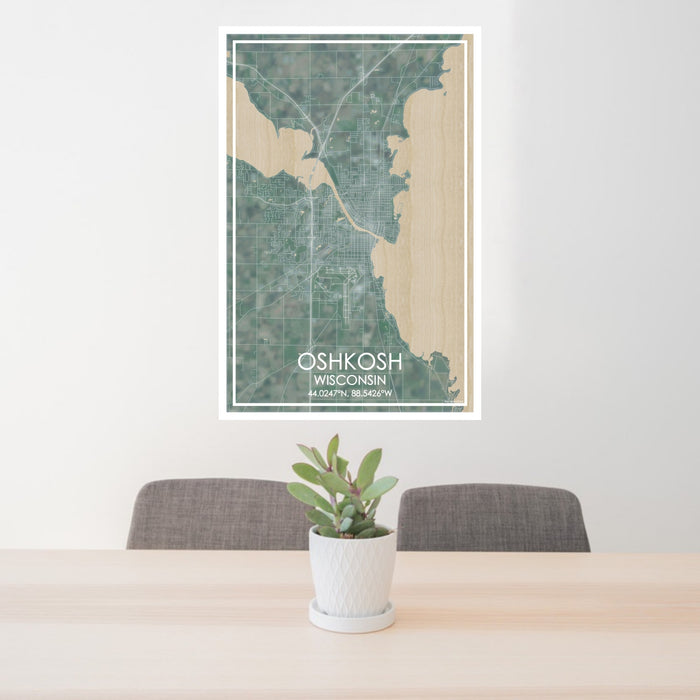 24x36 Oshkosh Wisconsin Map Print Portrait Orientation in Afternoon Style Behind 2 Chairs Table and Potted Plant