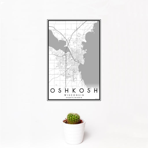 12x18 Oshkosh Wisconsin Map Print Portrait Orientation in Classic Style With Small Cactus Plant in White Planter