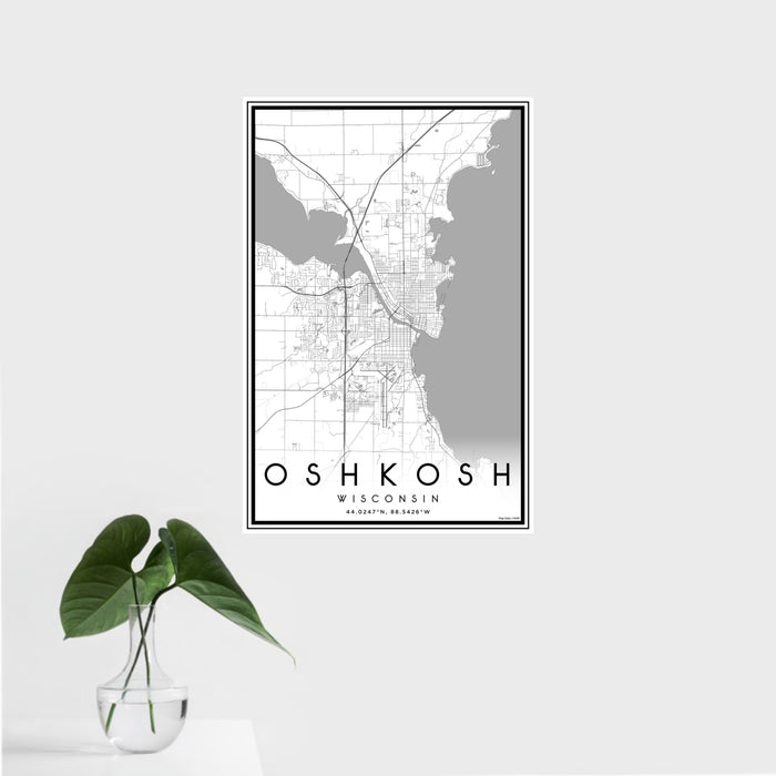 16x24 Oshkosh Wisconsin Map Print Portrait Orientation in Classic Style With Tropical Plant Leaves in Water