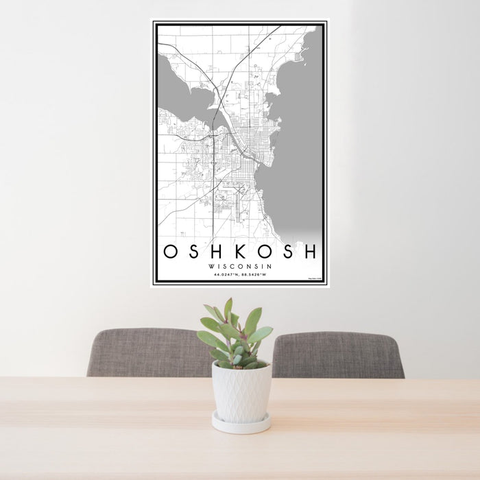 24x36 Oshkosh Wisconsin Map Print Portrait Orientation in Classic Style Behind 2 Chairs Table and Potted Plant